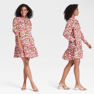 Who What Wear Floral Long sleeve Puff Mini Shift Dress with Ruffled Collar